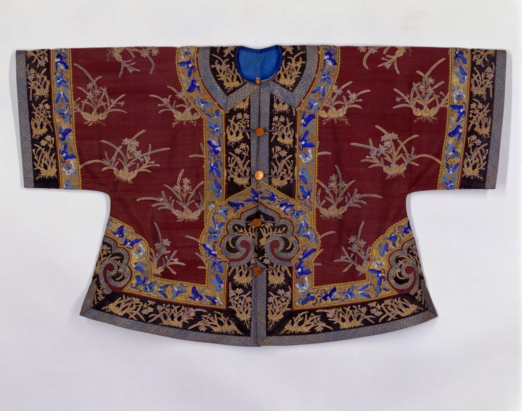 图片[1]-Crimson engraved gold narcissus patterned mandarin jacket-China Archive